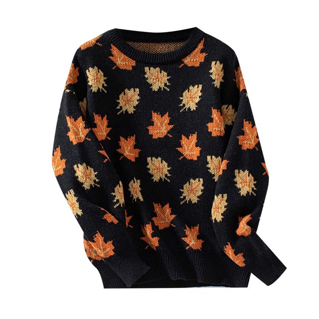 UJNDER Chandail Décontracté à Manches Longues, Col Rond, Motif Feuille d'Érable, Automne Hiver, Noir G