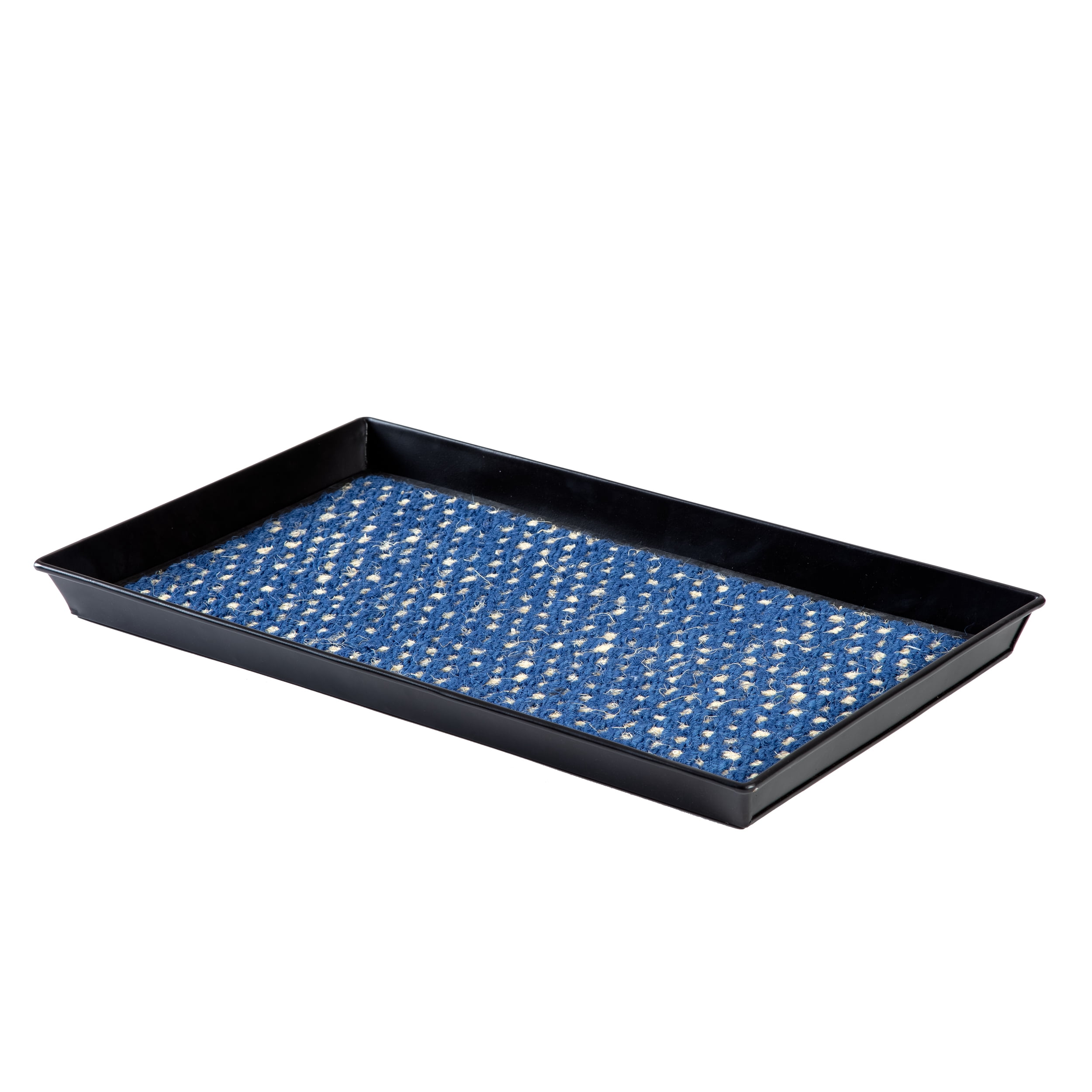 Black Metal Boot Tray with Blue & Ivory Coir Insert