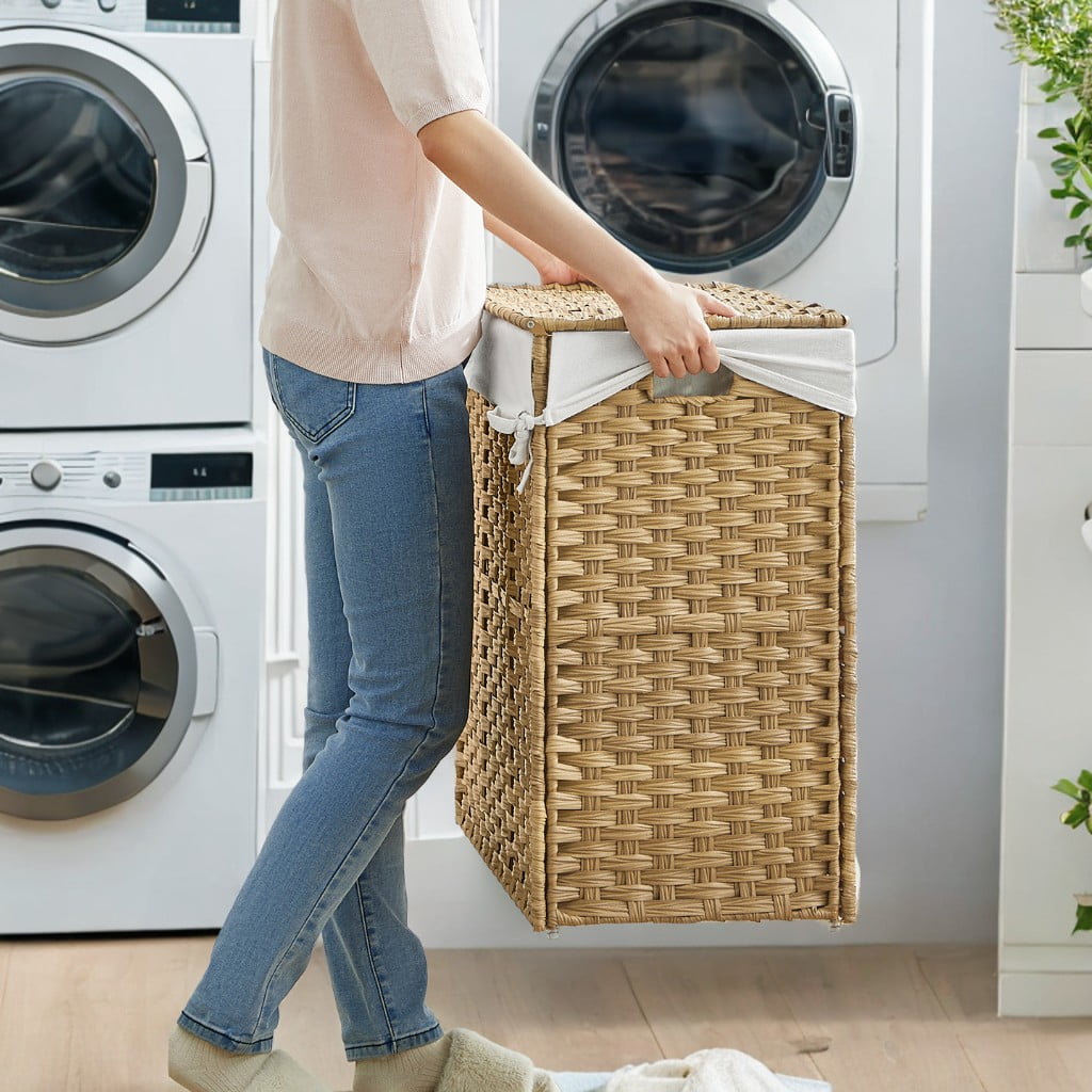 140L (37 Gallon) Rolling Laundry Hamper with Lid, 3-Section Synthetic Rattan Laundry Basket Storage with Removable Liner, 26x13x26 Inches