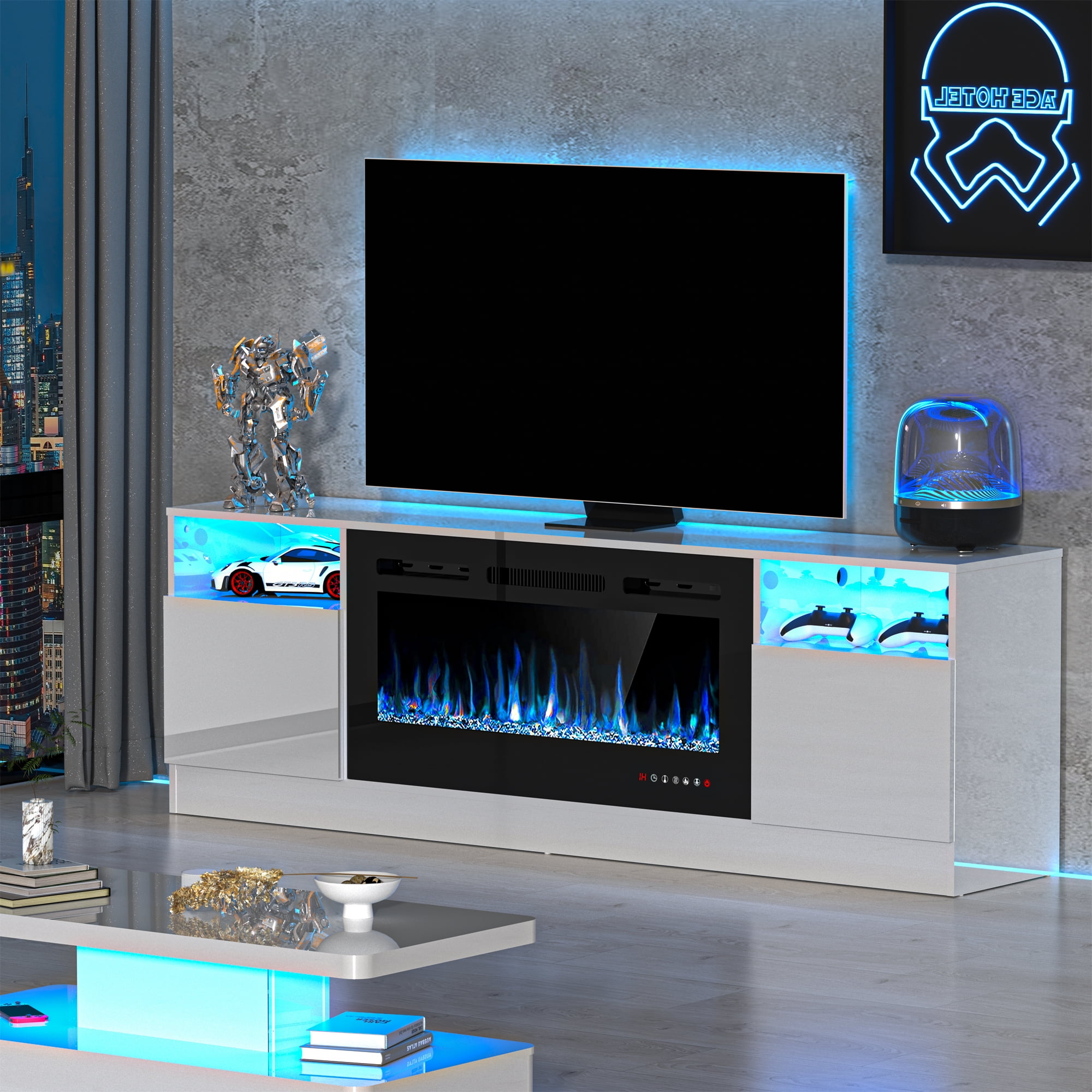 HARIPUL 70" Fireplace TV Stand for TVs Up to 80" with 36" Electric Fireplace, TV Console for The Living Room, LED Light Entertainment Center, Storage Cabinet, Media Console Table, White