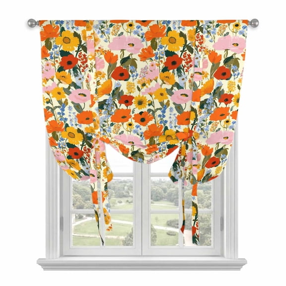 Watercolor Floral Balloon Curtains 63 Inch Length for Living Room/Bedroom, Spring Poppy Daisy Flowers Botanical Beige Rod Pocket Privacy Door Curtains Decorative Tie Up Shade for Window 52"x63"