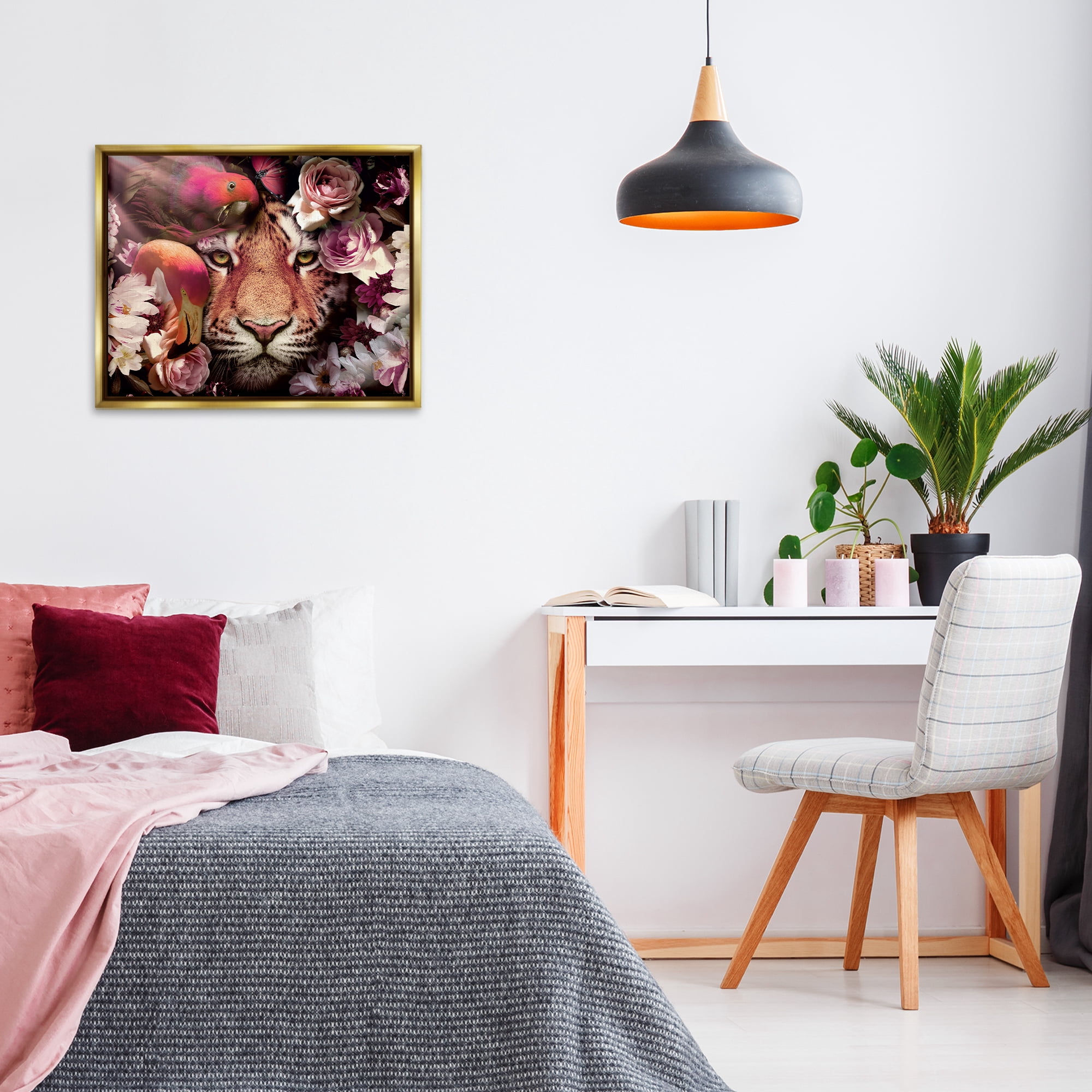 Stupell Industries Tropical Birds & Tiger Animals Painting Gold Floater Framed Canvas Art Print Wall Art, 31 x 25