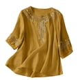 thumbnail image 5 of Women's Two Piece Outfit Set Embroidered Linen Blended 3/4 Sleeve Bohemian Top and Wide Leg Pants for Women Daily, 5 of 5