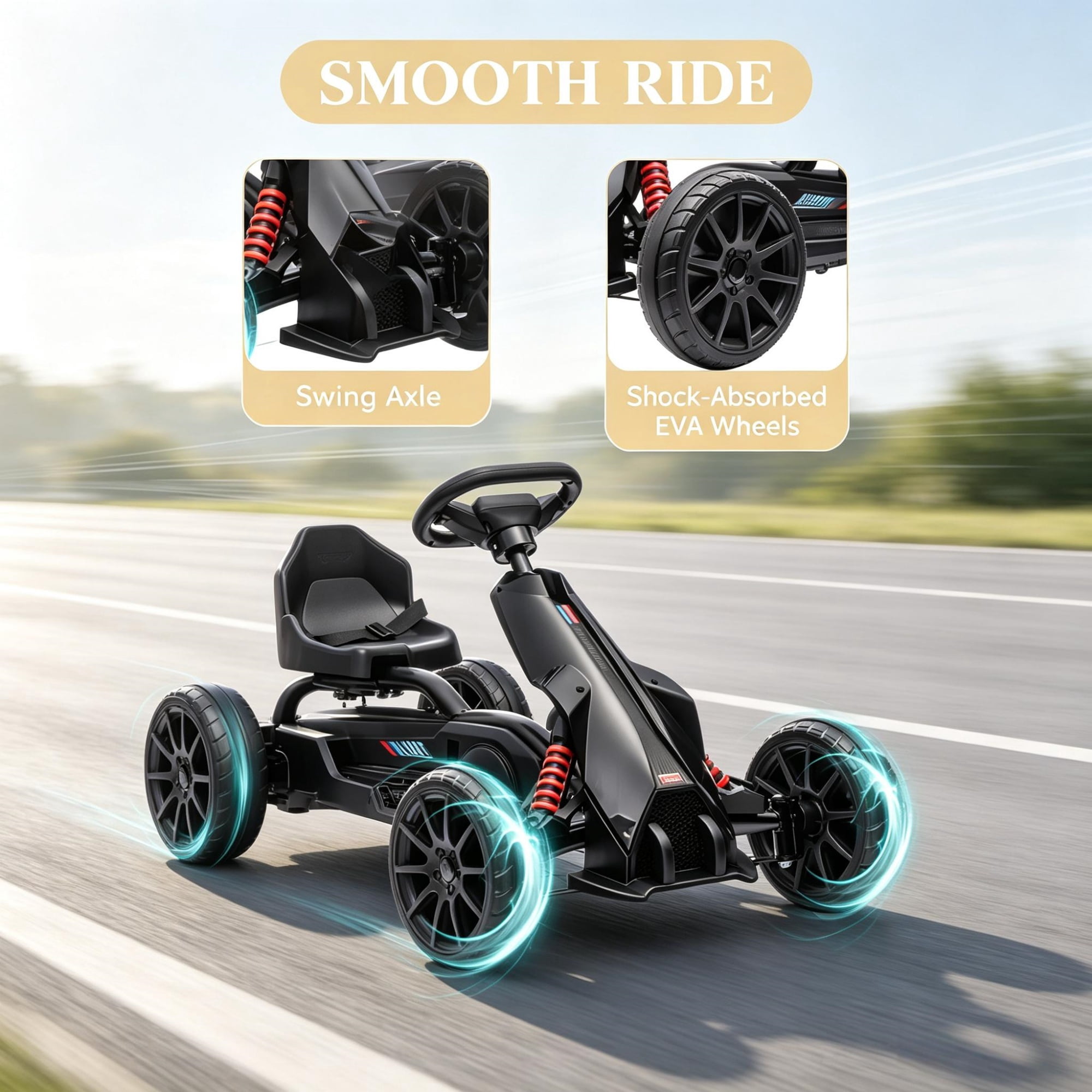 Kids Pedal Go Kart, Adjustable Seat, Durable Swing Axle, Safe Outdoor Ride-On Toy, Black