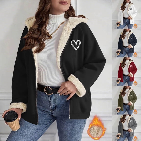 BiZtdJrK Valentine's Day Sweatshirt Jackets for Women Heart Print Long Sleeve Zip Up Hoodie Jacket Fleece Lined Comfy Casual Hooded Outerwear with Pockets Black S