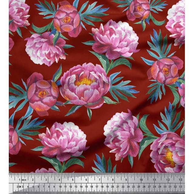 Soimoi Tissu en Voile de Coton Rouge Imprimé Feuilles & Fleurs Tissu au Mètre 42 Pouces de Large