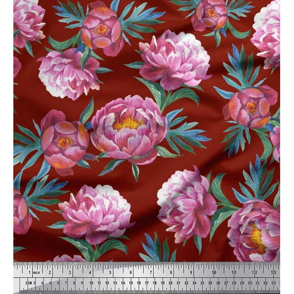 Soimoi Red Cotton Cambric Fabric Leaves & Floral Decor Fabric Printed BTY 56 Inch Wide