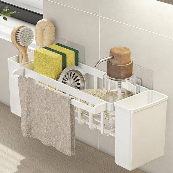 sdhkgrrt under $5 Sink Organizer, Kitchen Sink Caddy Organizer, Sponge Holder With Auto Draining, Sink Brush Soap Organizer Tray, Countertop Sink Caddy With Towel Rod, Plastic Sink Organizer