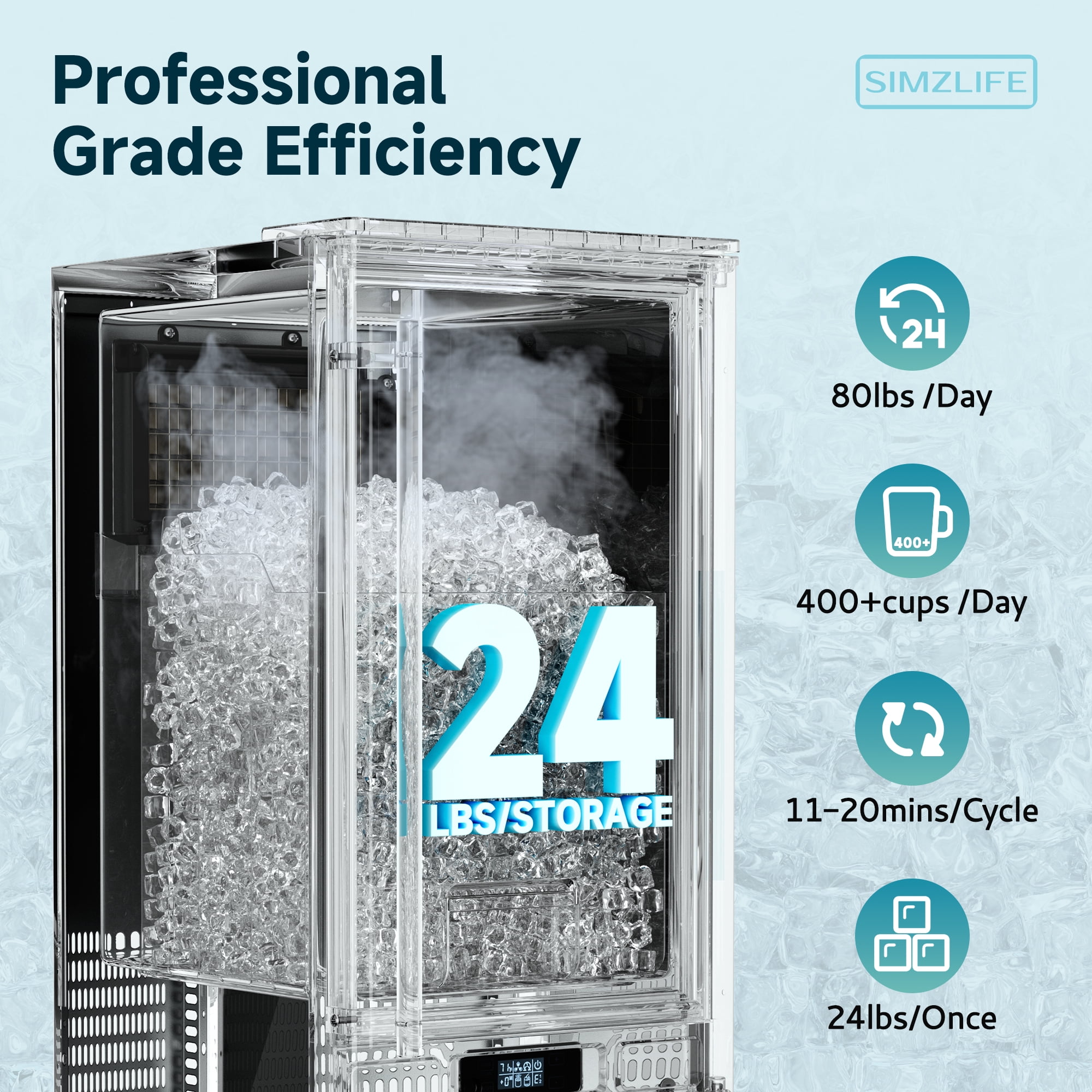 SIMZLIFE Built-in Ice Maker 80Lbs/24H, Under Counter or Freestanding, Self-Cleaning, Kitchen & Bar, Black