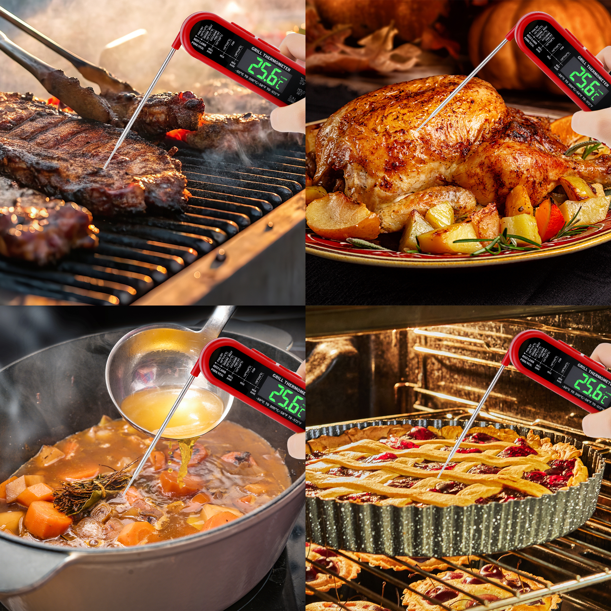Unique Bargains Instant Read Food Thermometer Dual Probe Cooking Tool Red 6.3x1.4x1 in