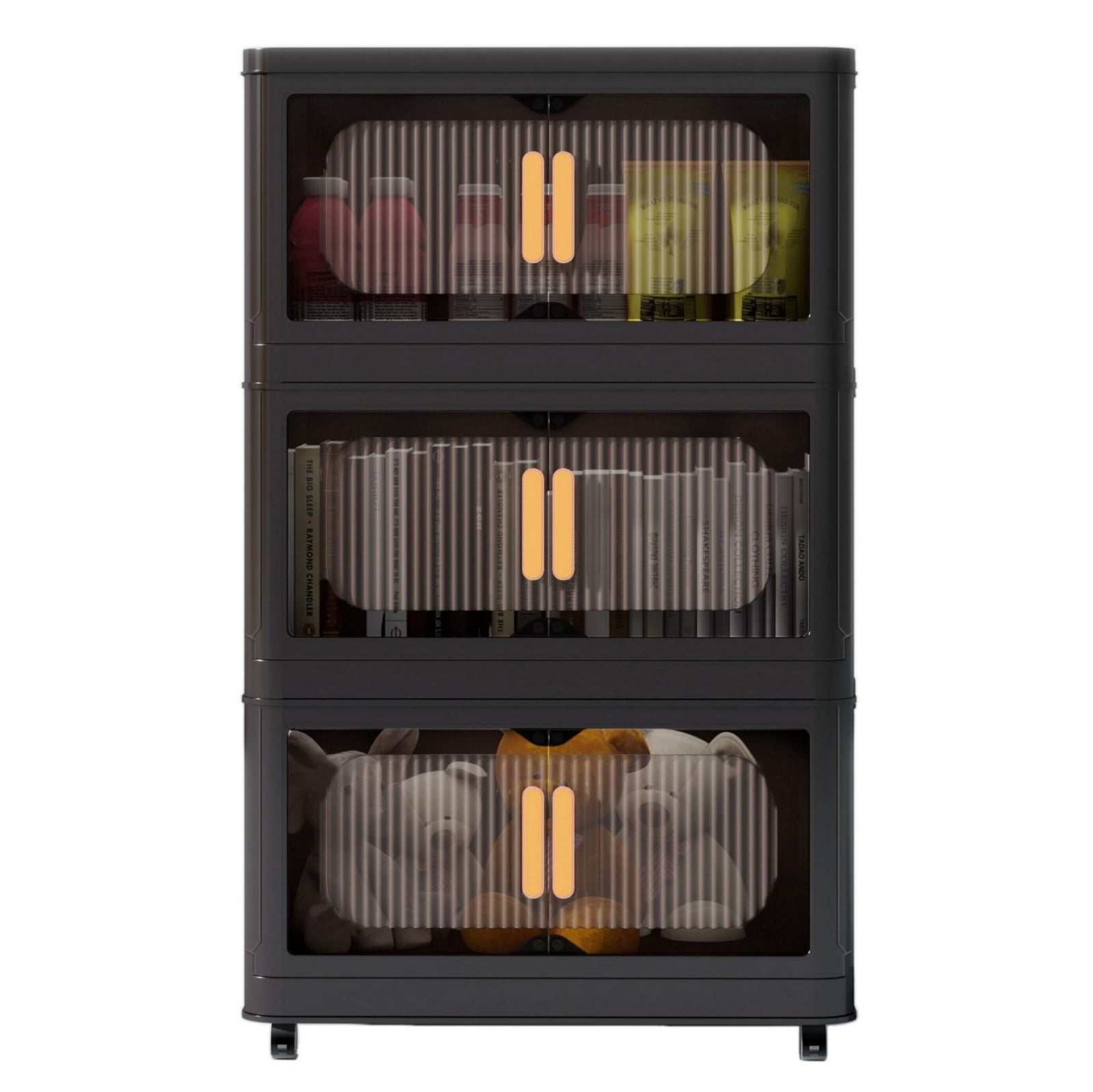 20" Folding Storage Cabinet with Wheels, 3-Tier Collapsible Plastic Organizer with Magnetic Door, Portable Utility Storage Rack, Black