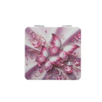 Unique Bargains 1 Pc Two Butterfly Makeup Mirror for Travel Vacation Pink Purple PU Stainless Steel Glass