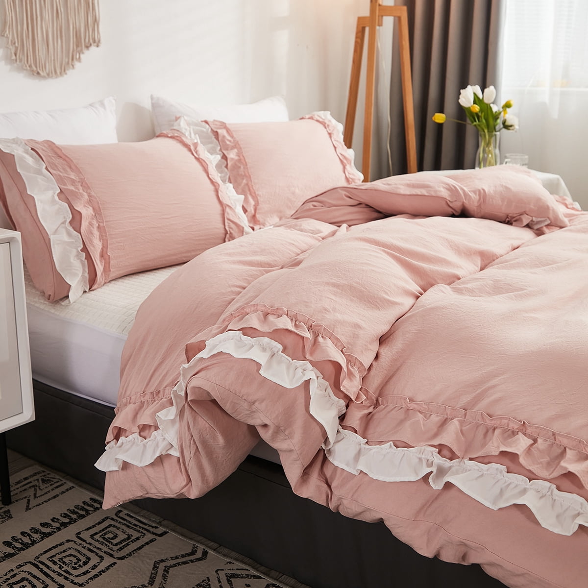 100% Washed Cotton Pink and White Ruffled Duvet Cover Set Twin Size with Zipper Closure & Corner Ties