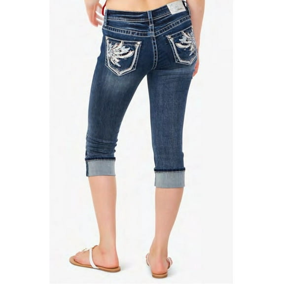 Grace in LA Women's Western Feather Embroidered Crystal Embellished Capri Stretch Jeans (25)