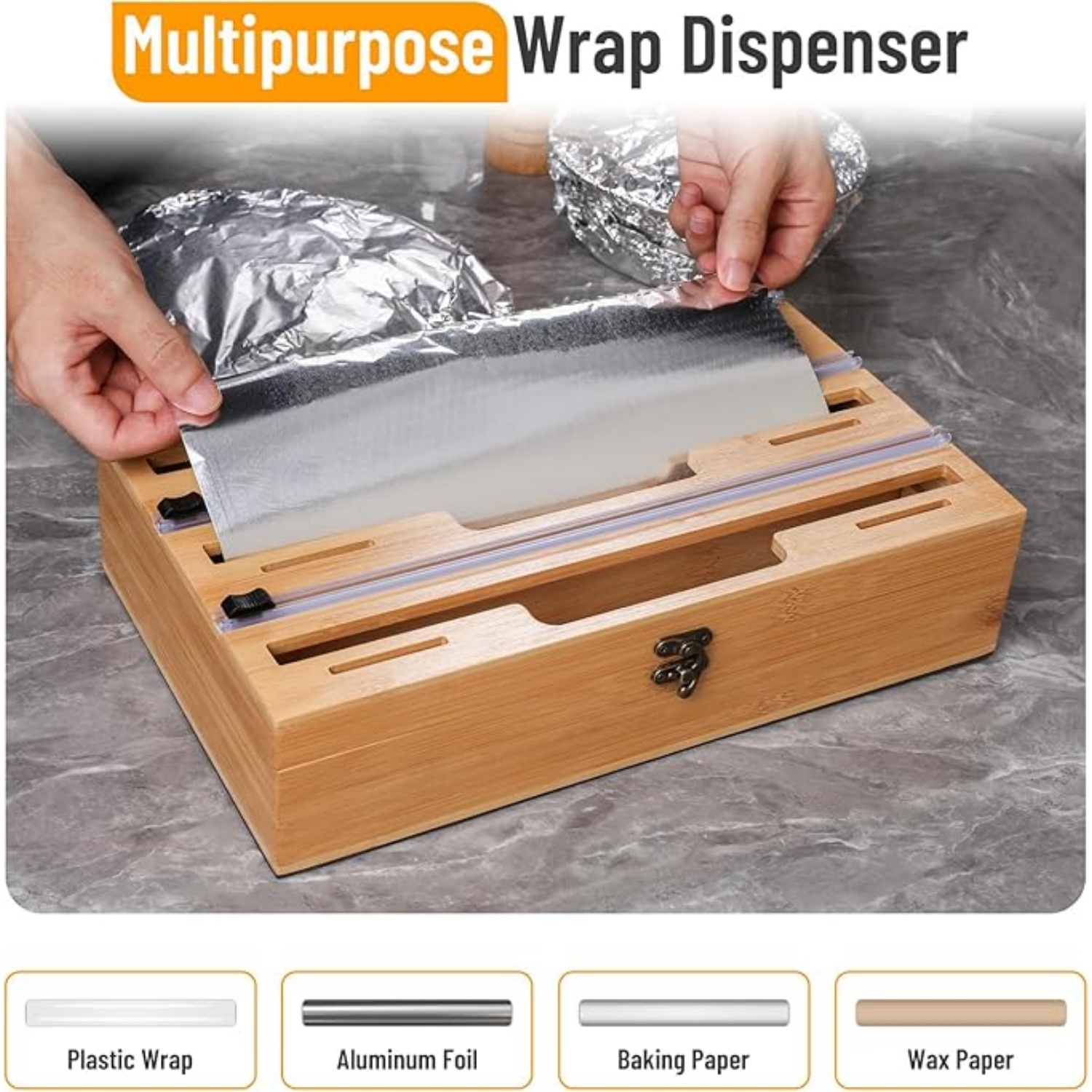 Magnetic Plastic Wrap Dispenser with Cutter, 3 in 1 Refrigerator Bamboo Wood Organizer for Tin Foil, Baking Paper, Wax Paper Holder Kitchen Storage Box Compatible with 12.9" Roll (3 Layer)