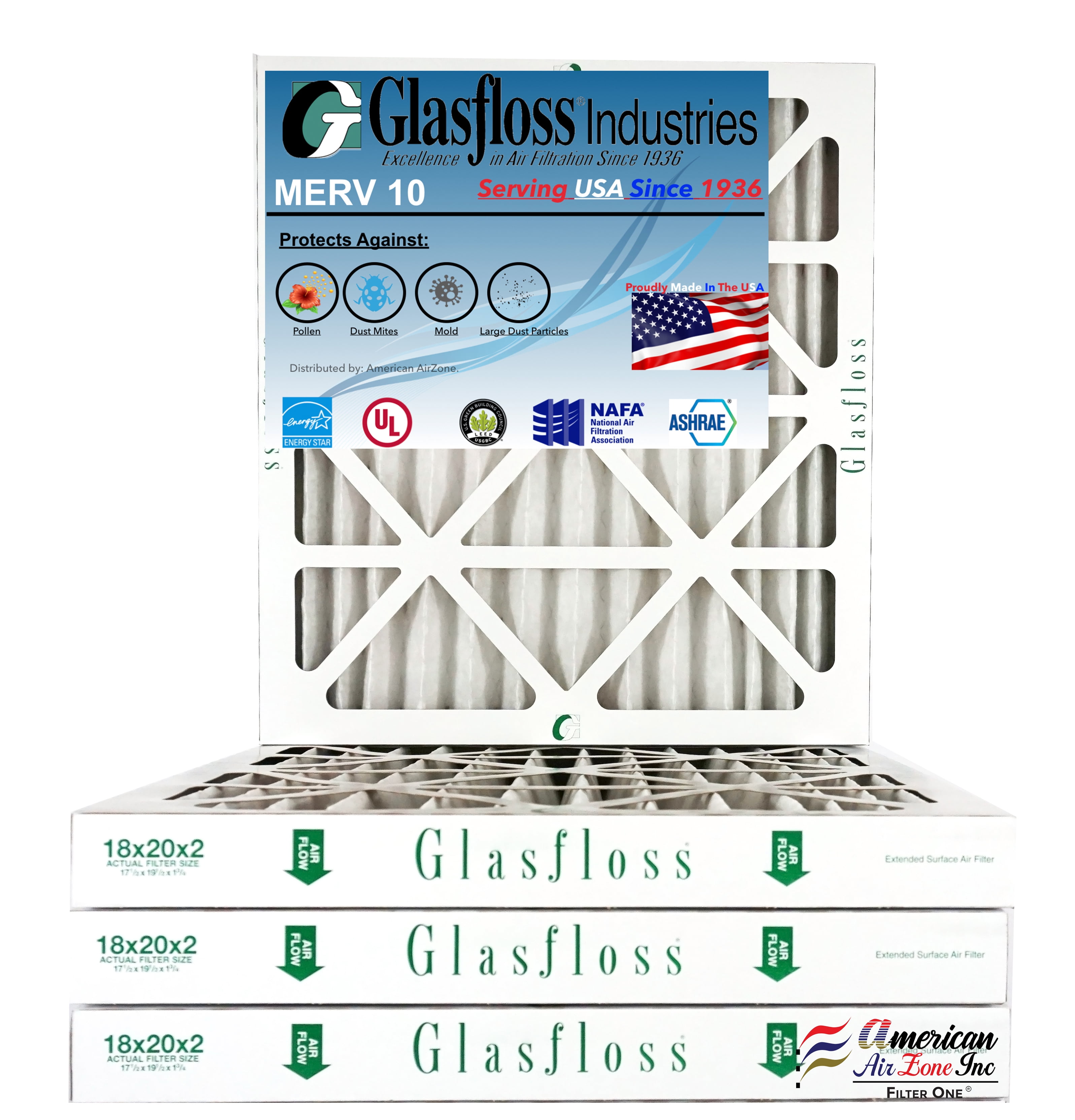 Glasfloss Air Filter 18x20x2 2" MERV 10 (Pack of 4) Pleated AC or