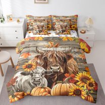 Manfei Hello Fall 7-Piece Twin Bedding Sets,Highland Cow Sunflower Bedding Comforter Set,Autumn Pumpkin Maples Sheet Sets For Girl Boys,Ultra Soft Home Decor Reversible