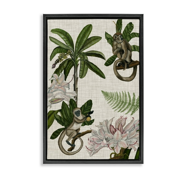 Stupell Industries Tropical Monkey Studies Plants & Flowers Painting Black Floater Framed Canvas Art Print Wall Art, 17 x 25