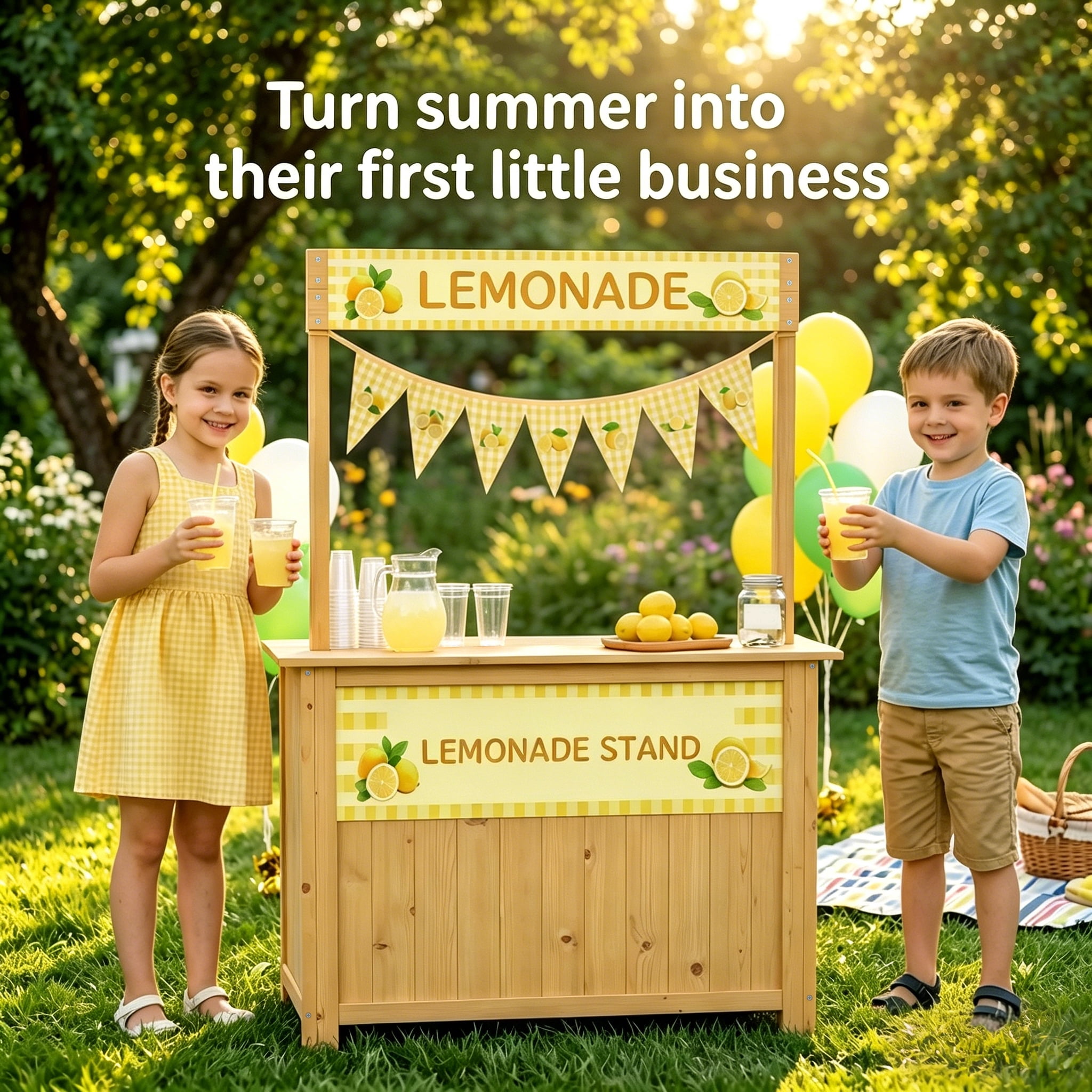 Lemonade Stand for Kids,  Lemonade bar with Fabric Banner & Skirt, 27.5” Counter Height Kids Outdoor Stand for Backyard, Parties & Pretend Play (Ages 5–10)