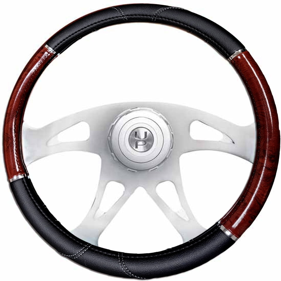 18" Large Steering Wheel Cover Peterbilt Freightliner Big Rig Trucks – Dark Wood Grain Soft Leather Grip and Air Freshener