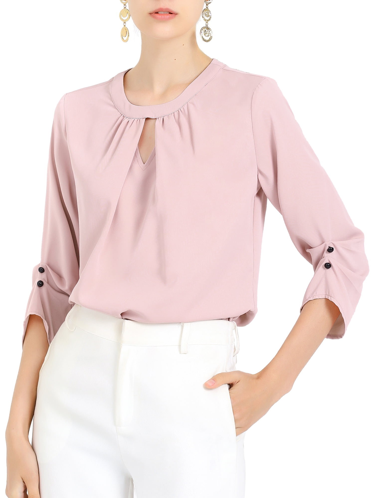 DARING DIVA Round Neck Keyhole Pleated Shirred Work Top S Pink