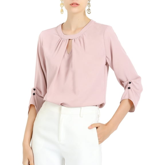 MODA NOVA Junior's Round Neck Keyhole Pleated Shirred 3/4 Sleeve Blouse Pink XS