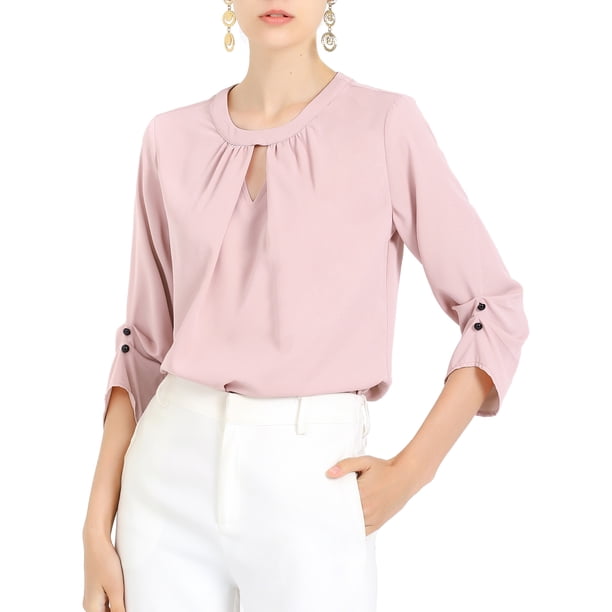 CURVOSPORT Camisa Elegante para Mujeres, Top de Oficina con Abertura en el Cuello, Frontal Plisado, Manga 3/4, Blusa de Chifón 3XL Rosa