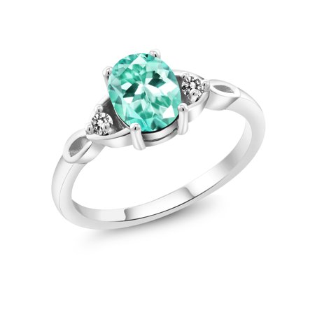 Blue Apatite Ring - 925 Sterling Silver 1.27 Ct Oval Blue Apatite White Diamond Solitaire Ring