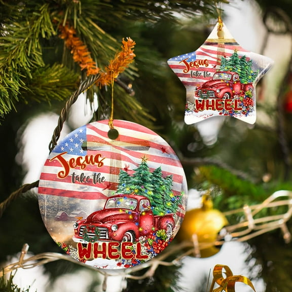 Flagwix Ceramic Christmas Tree Ornaments| Jesus Take The Wheel Hanging Ornament With Ribbon|Christmas Gifts - Circle, 1 Pcs