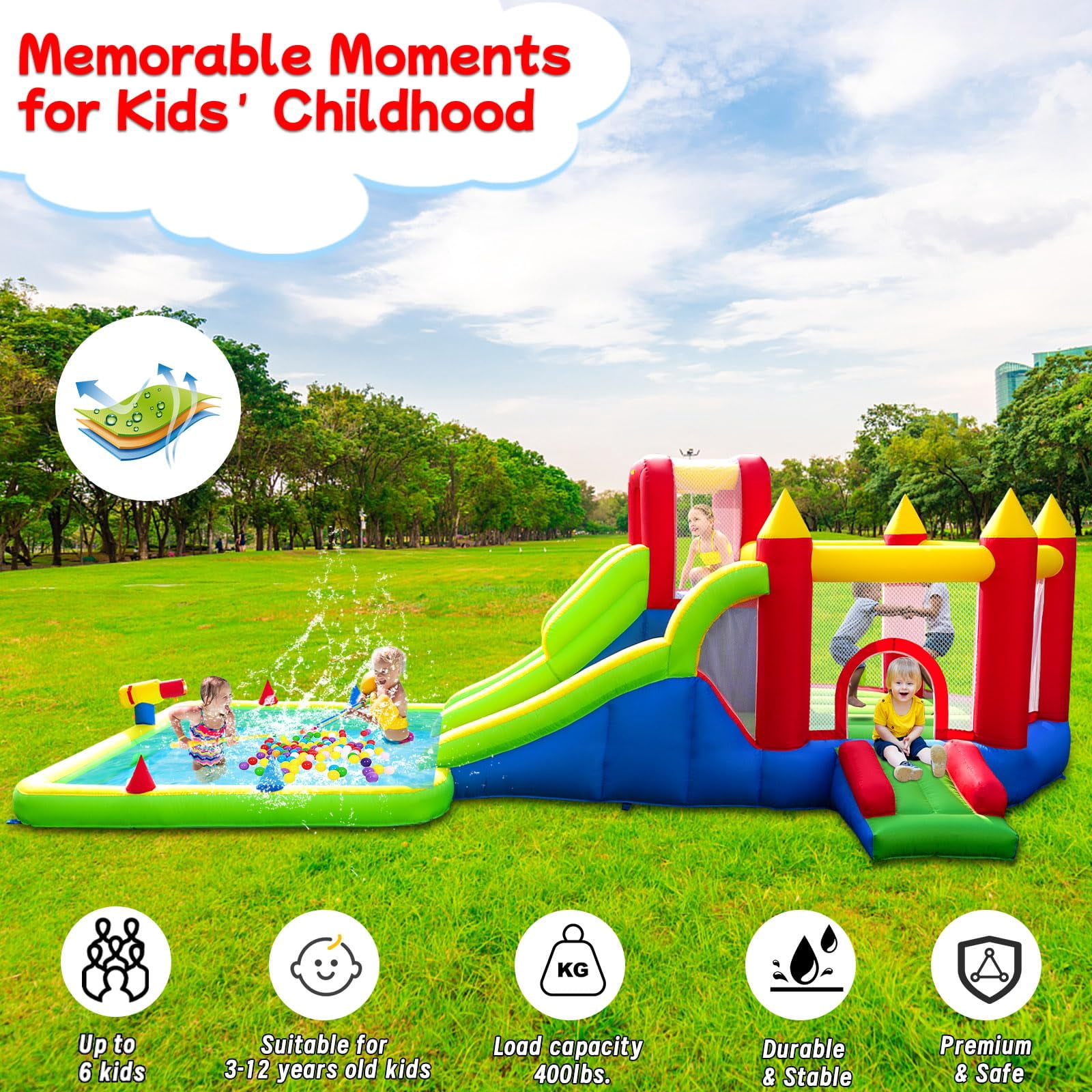10-in-1 Inflatable Water Park Giant Backyard Play Center with 2 Slides