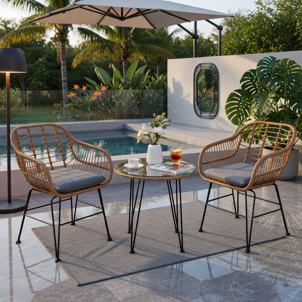 Hommoo 3-Piece Outdoor Rattan Patio Furniture Set, 2 Armchairs + Coffee Table with Removable Cushions, Tempered Glass Top, Weather-Resistant Wicker & Steel Frame, Gray