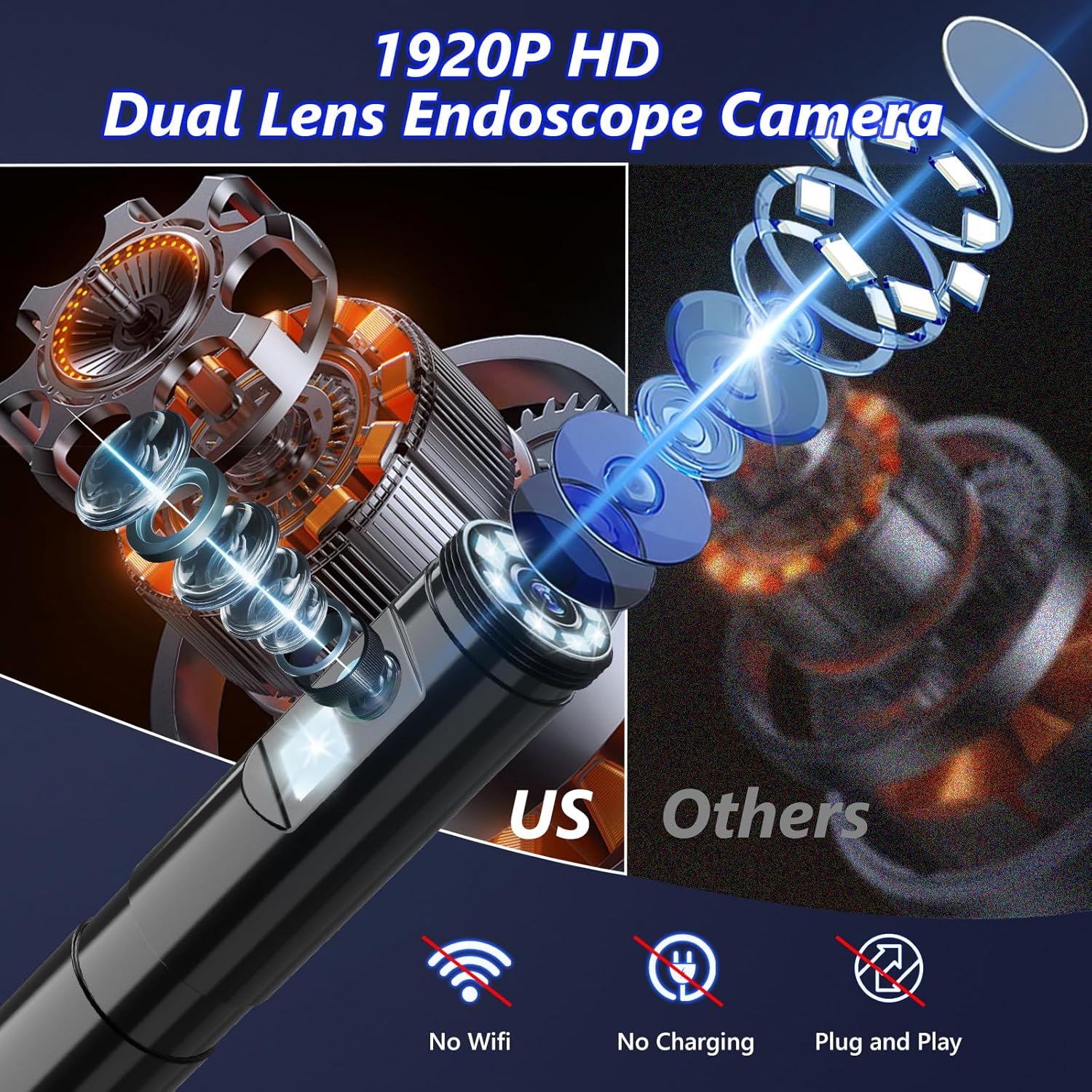 Endoscope Camera with Light, 1920P HD Borescope Camera with 8 Adjustable LED Lights, 16.4ft Semi-Rigid Snake Camera with Light, IP67 Waterproof 7.9mm Inspection Camera for iOS and Android