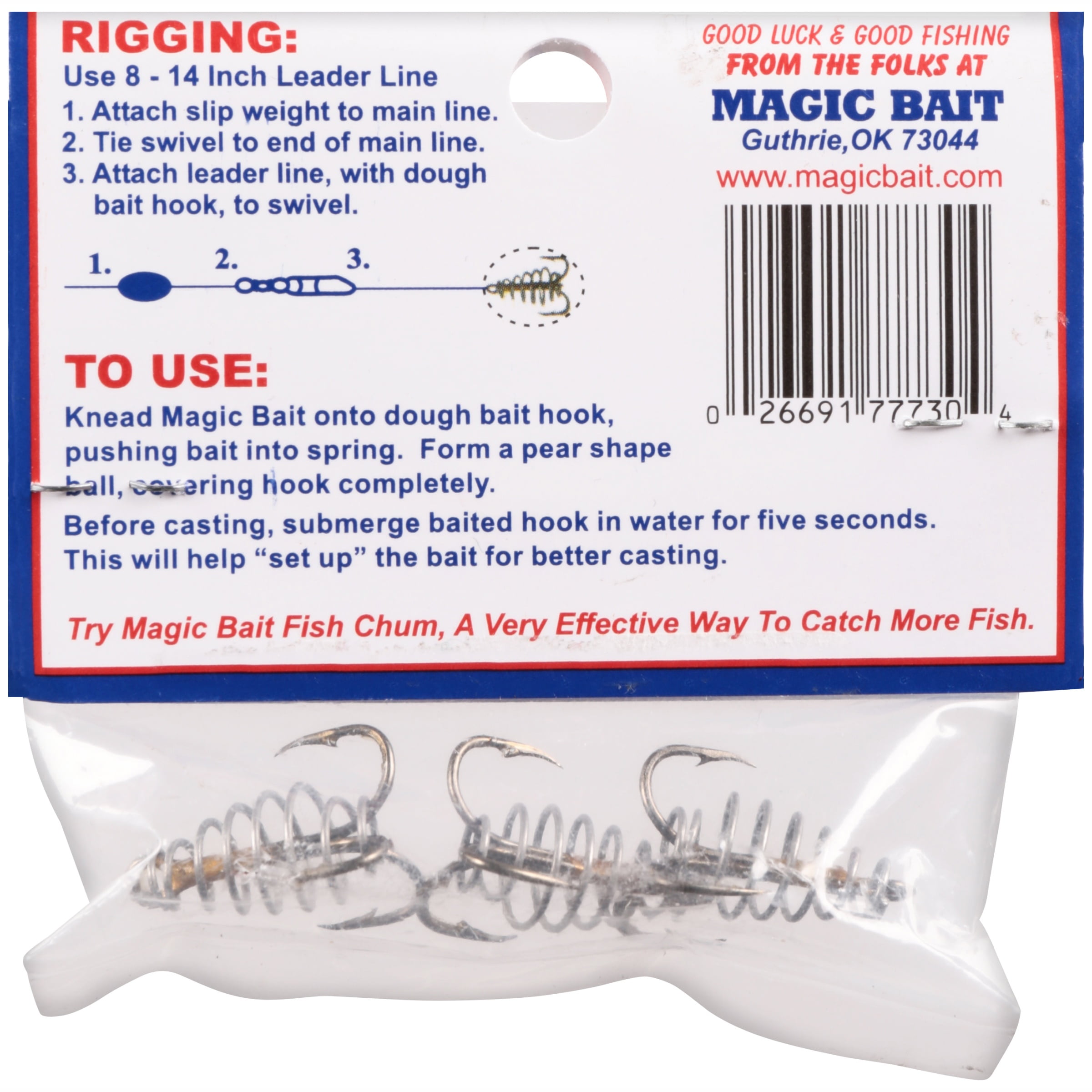 Magic Bait, Number 4 Dough Treble Fishing Hooks with Spring, 3ct