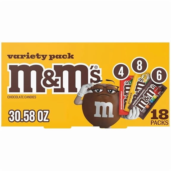 1 x M&M'S Milk Chocolate Candy, Variety Pack, Full Size, Pack of 18 Bulk Candy Chocolate