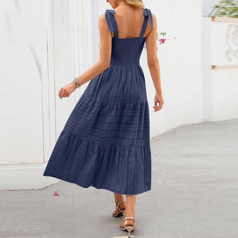 beach dresses midi length Up to 30% off Summer Dress, Women's Fashion Sexy Solid Sleeveless Pleated  Dresses Long Dress Midi Maxi Dresses Elastic Waist Boho Beach Dress  Pockets(Navy,S)
