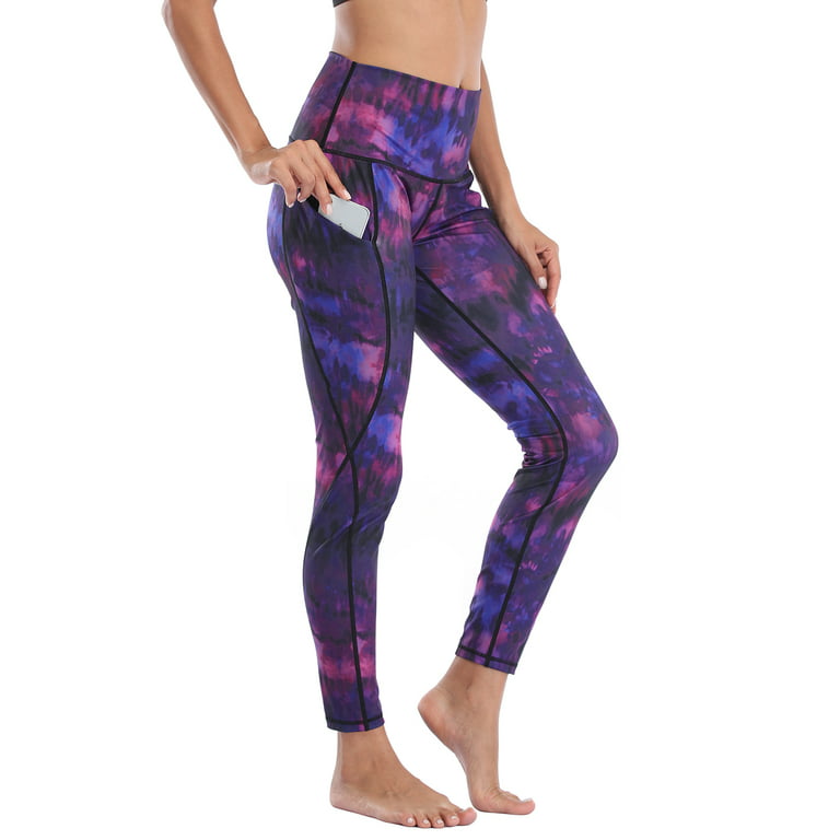 HDE Yoga Pants with Pockets for Women High Waisted Tummy Control Leggings  (Purple Tie Dye, XL) 