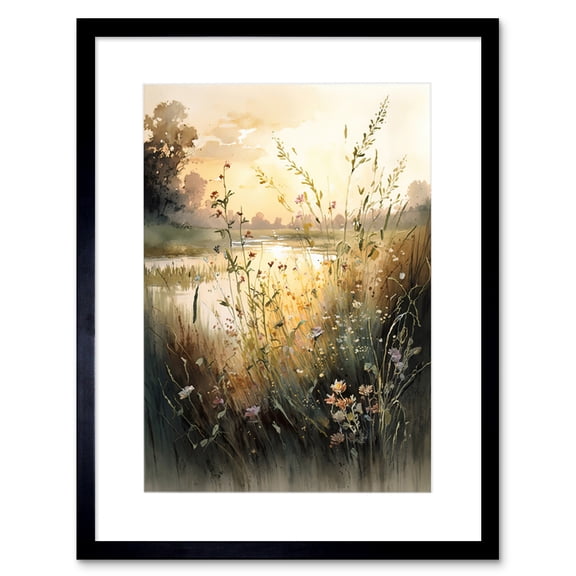 Serene Lakeside Landscape with Wildflowers at Dawn Modern Watercolour Painting Artwork Framed Wall Art Print 9X7 Inch