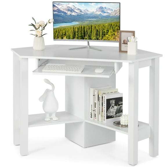 Costway Implied as Simple and Elegant Corner Desk with Drawer and Shelves, White