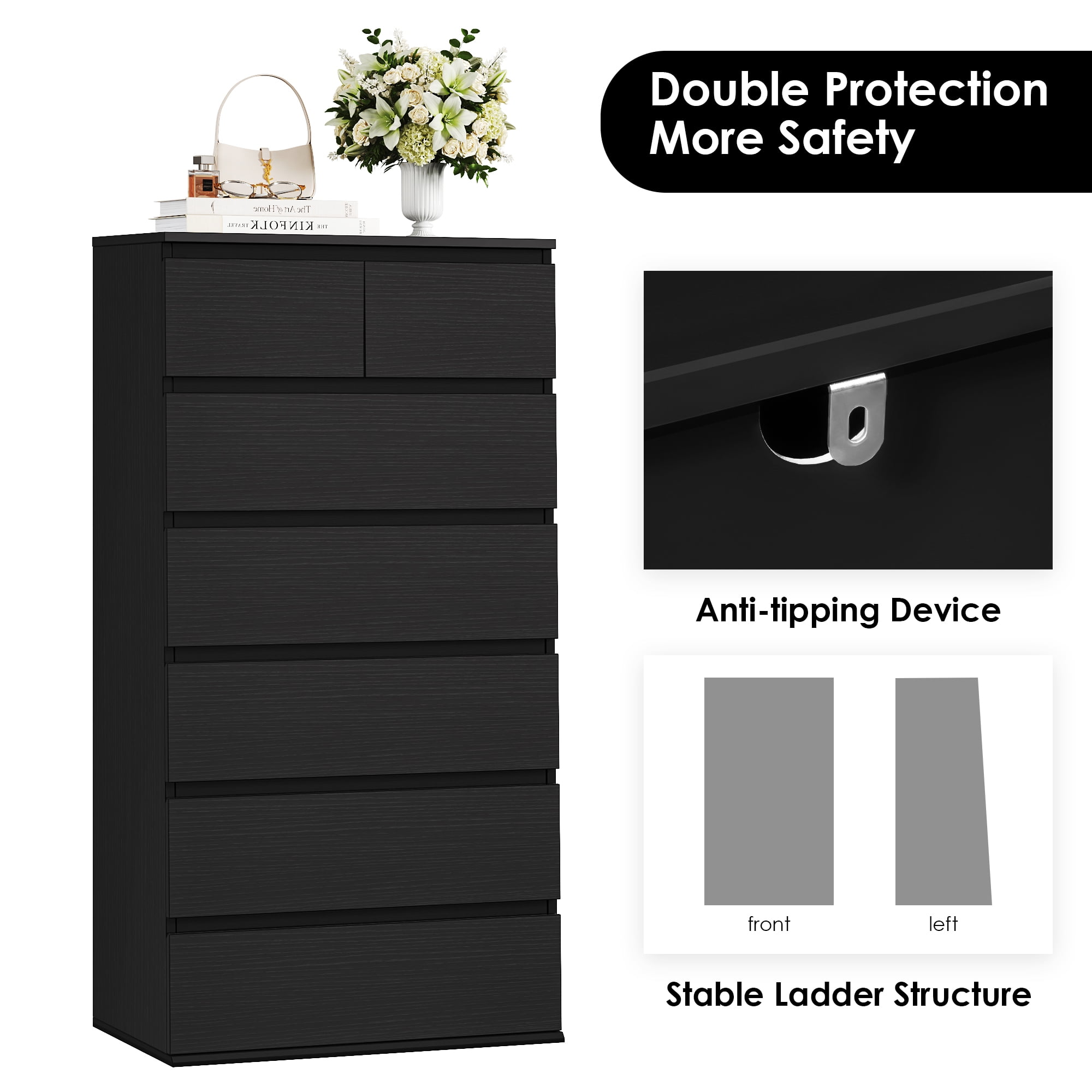 Homfa 7 Drawer Dresser for Bedroom, Modern Tall dresser Chest of Drawers for Living Room, Black