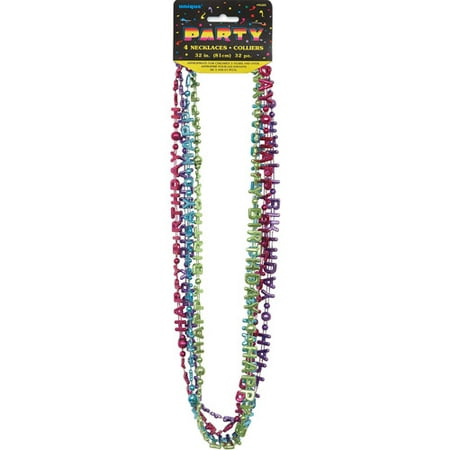 Metallic Happy Birthday Bead Necklaces, 4pk