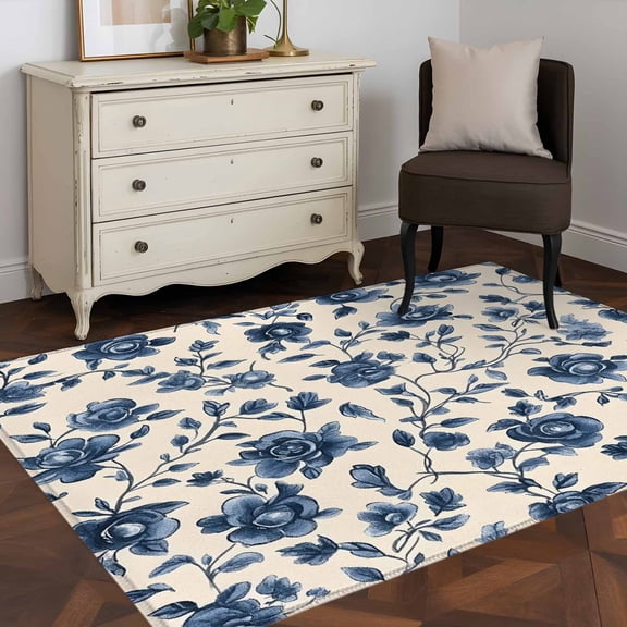 Area Rug 4872in, Farm Country Vintage Roses Floor Carpet Living Room Rug, Retro Floral Leaves on Khaki Non-Slip Welcome Mat Indoor Rugs for Bedroom Dining Room
