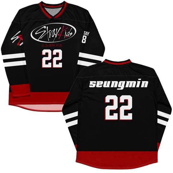 Stray Kids SKZ Member Merch Black-Red Splicing V-Neck Hockey Jersey – Unisex Long Sleeve Pullover Sweatshirts Streetwear for STAY Fan Support