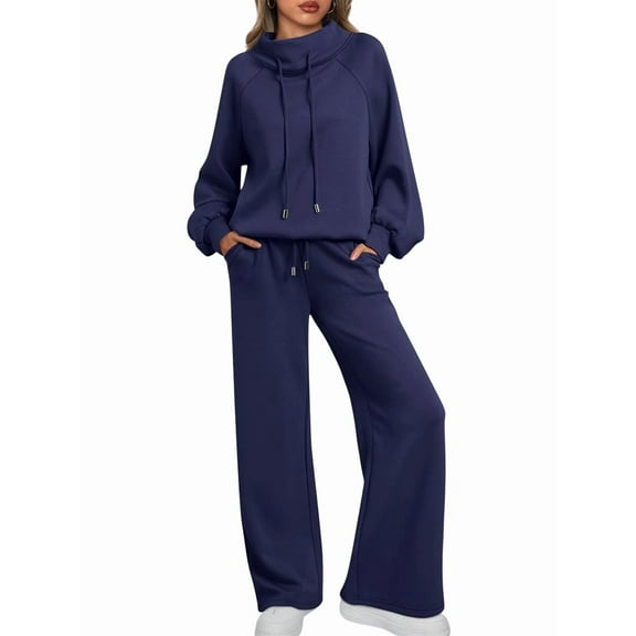 Lounge Sets for Women Sweatsuits 2 Piece Outfits Fall Drawstring Sweatshirt Wide Leg Sweatpants Tracksuit Navy Blue S