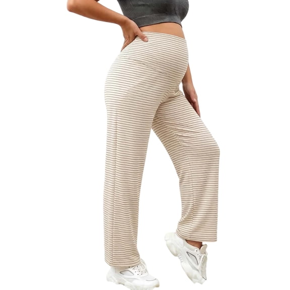 Annhoo Maternity Wide Leg Pants for Women Striped Elastic Waist Soft Lightweight Bottoms for Vacation Walking