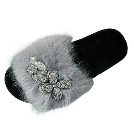

Women 2023 Fall And Winter New Outside Wear Lazy Hairy Slippers Female Flowers Thick Bottom Home Shoes