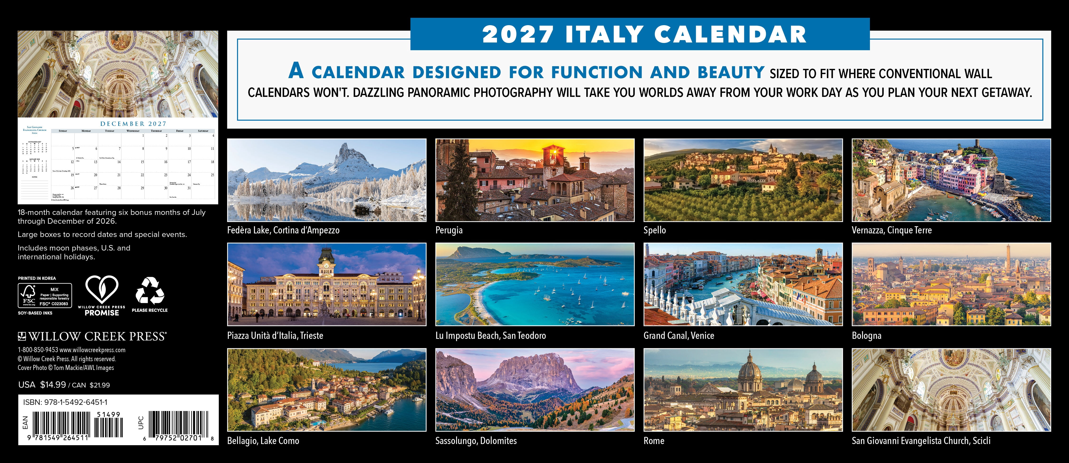 Willow Creek Press, Italy 2027 Panoramic Wall Calendar