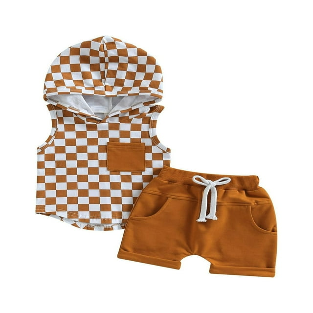 Ensemble d'Été 2 Pcs pour Bébé Garçon, Ensemble de T-shirt à Capuche Sans Manches à Imprimé Damier et Shorts