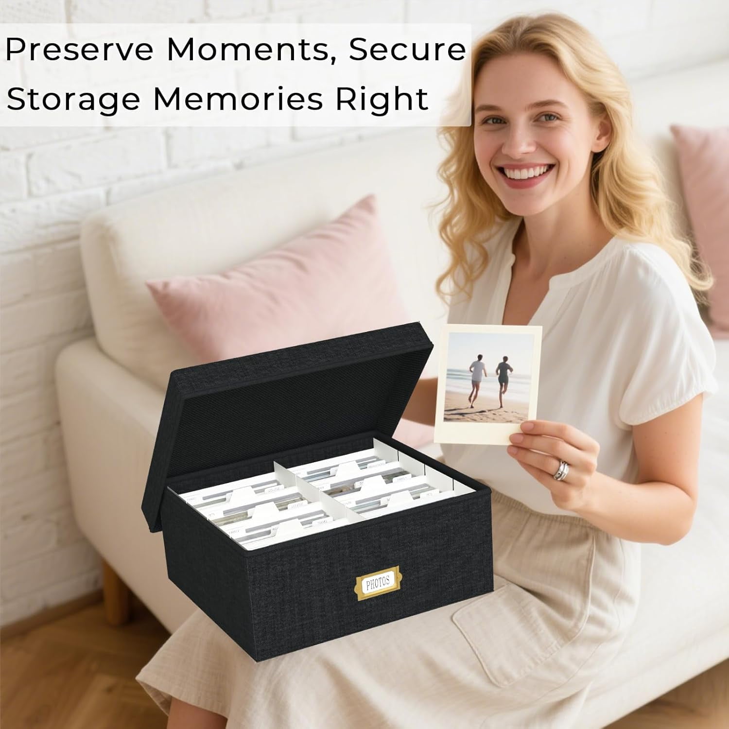 Decorative Photo Storage Box - 2 Pack Linen Photo Box Organizer with Dividers, Fits Holds  to 1700 Pictures and 4x6 Photos, Memory Keepsake Organizer for Scrapbook Supplies, Cards, Stamps (Black)