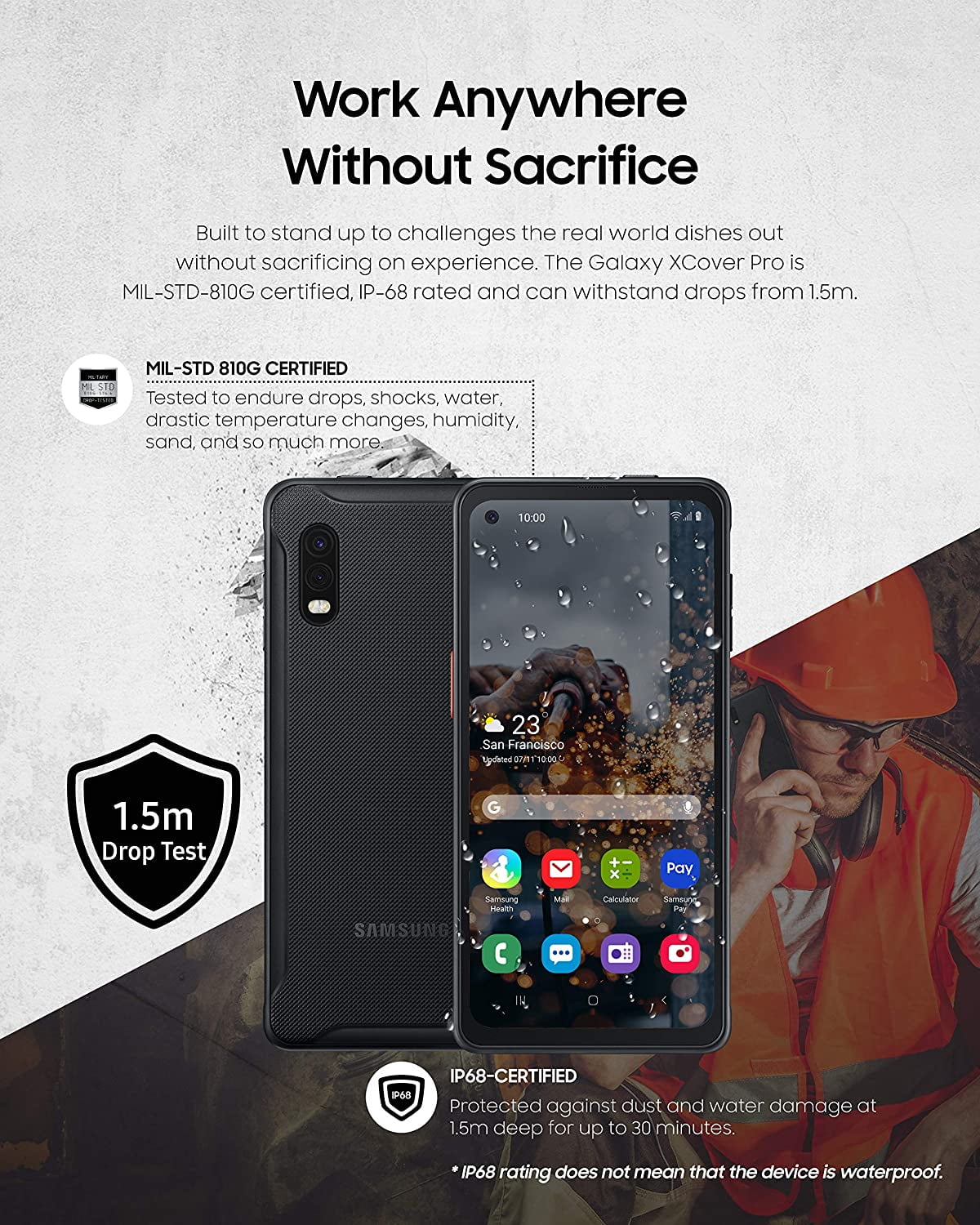 Samsung Galaxy Xcover PRO Rugged (IP Rated) 64GB Cell phone 4G LTE Dual Sim | US Version (2022 Model) Black