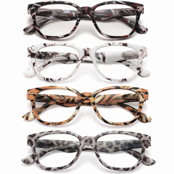 4 Pack Blue light blocking Reading Glasses for Women Men, Spring Hinge, PC frame, Lightweight, Colorful design, 1.5